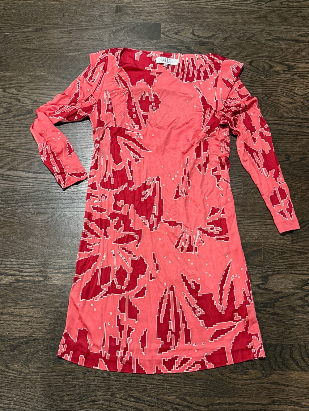 Tibi XS Coral & Deep Red Patterned Long Sleeve Dress